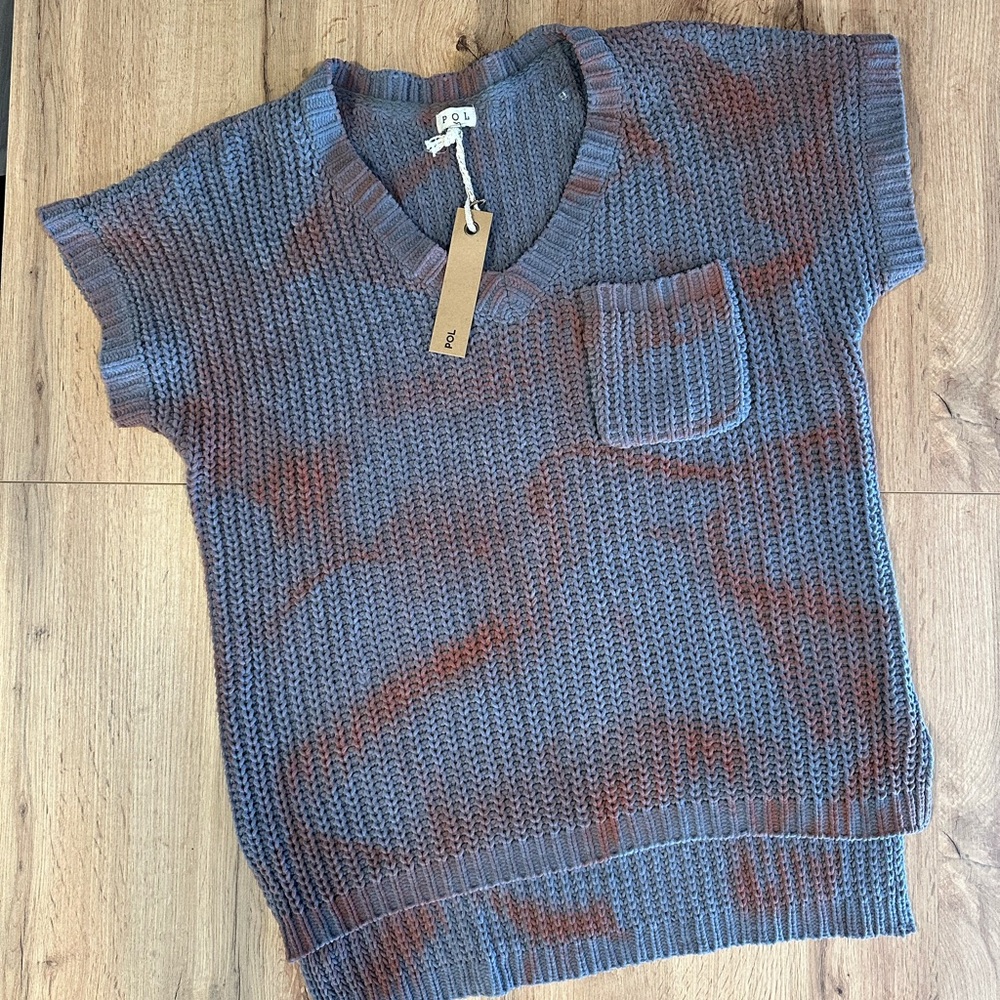 POL oversized V-neck chenille chunky knit hi low short sleeve sweater